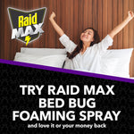 Person stretching happily in bed beside Raid Max logo and promotional text inviting to try the bed bug foaming spray