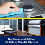 Split image showing someone wiping a stove surface and an outdoor patio with a grill, promoting cleaning uses