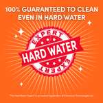 Orange graphic badge reading HARD WATER EXPERT with radial sunburst and headline guaranteeing cleaning even in hard water