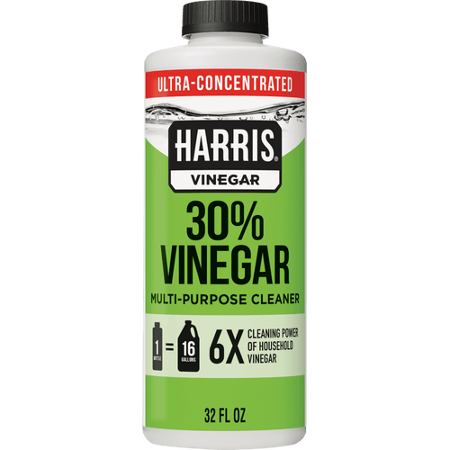 Clean studio shot of a Harris 30% vinegar multi-purpose cleaner bottle showing label and 32 fl oz size