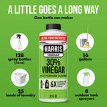 Promotional infographic on green background showing a Harris 30% vinegar bottle and icons for spray bottles, laundry, gallons and sprayers