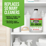 Harris 30% vinegar jug displayed on a shelf among other cleaning bottles with text about replacing cleaners