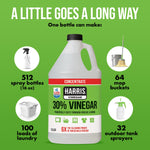 Infographic on green background showing a Harris 30% vinegar jug and estimated uses like spray bottles and mops