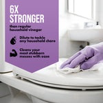 Bathroom scene infographic with purple panel stating 6x stronger and Harris 30% vinegar lavender branding