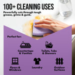 Infographic showing cleaning uses with hand scrubbing surface and Harris 30% vinegar lavender branding