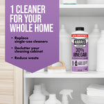Harris 30% vinegar lavender bottle pictured on a shelf with purple panel listing home cleaning benefits
