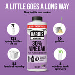 Harris 30% vinegar lavender bottle on purple background with icons showing spray bottles, laundry and gallons