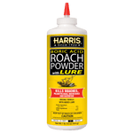 Tall white squeeze bottle of Harris Boric Acid Roach Powder with lure, yellow label and red nozzle cap, product front view