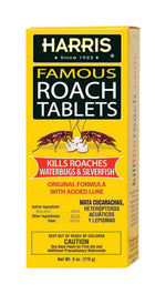 Yellow Harris Famous Roach Tablets retail box showing product name, two roaches and warning panel on front.