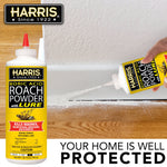 Lifestyle-style image of Harris roach powder being applied from nozzle along a baseboard with a full bottle shown at left