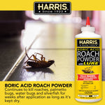 Promotional image of Harris roach powder bottle with a dead roach on a floor and bold text about boric acid effectiveness
