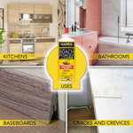 Composite graphic showing Harris roach powder bottle centered with labeled use areas: kitchens, bathrooms, baseboards, cracks