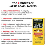 Informational graphic listing top benefits of Harris Roach Tablets with a product box image at right.