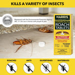 Promotional panel showing a Harris Roach Tablets box beside a tablet and dead roach with pest icons and EPA badge.