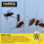 Close-up scene of multiple dead roaches on a light surface with Harris logo and boric acid informational caption