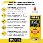 Informational panel listing top benefits of Harris Boric Acid Roach Powder beside a product bottle image and EPA note