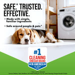 Beagle lying on a laundry room floor next to badge calling Harris the #1 cleaning vinegar brand in America