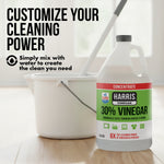 One-gallon Harris vinegar jug beside a mop bucket with text about customizing cleaning power