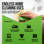 Close-up of a hand cleaning a sink with a green sponge and icons listing home cleaning uses