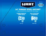 Blue HART branded product card reading "14" FORGED STEEL HATCHET" with icons for face cuts and hybrid head