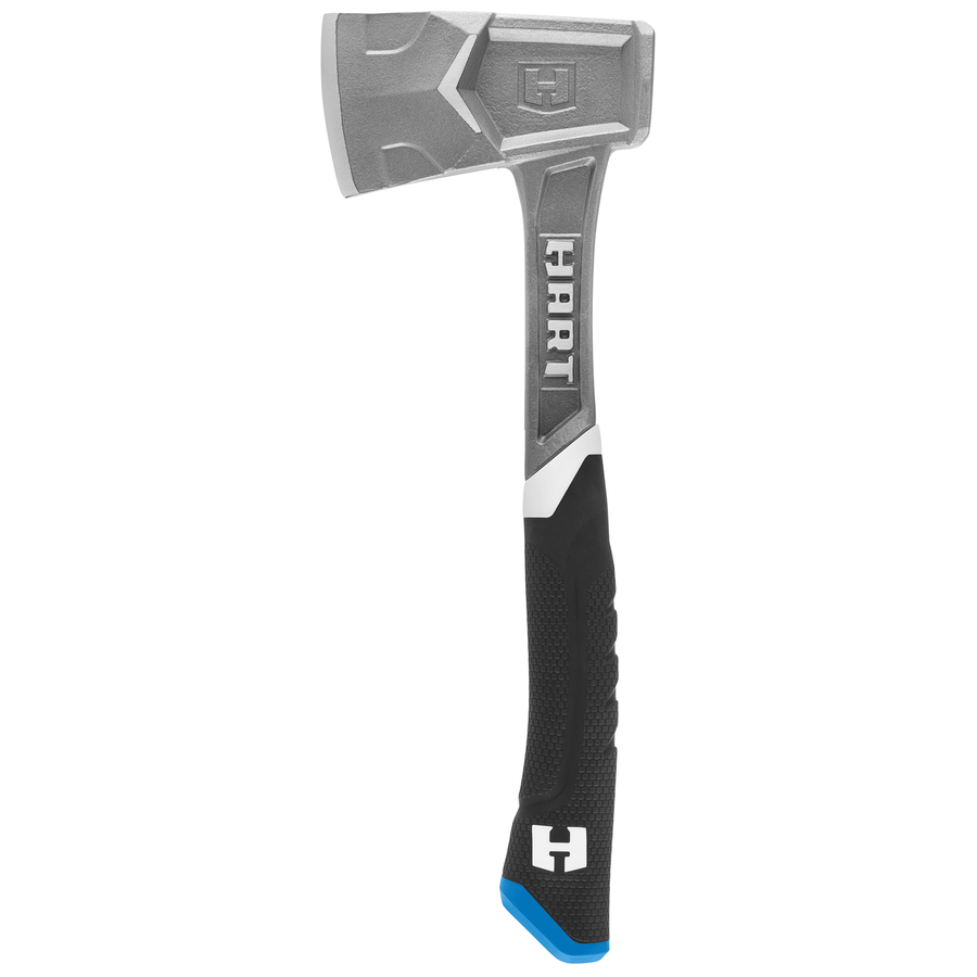 Silver forged steel HART hatchet with black textured grip and blue heel, isolated on white background