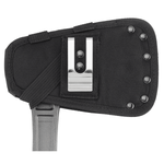 Black fabric hatchet sheath with metal belt clip partially covering the handle of a forged HART hatchet