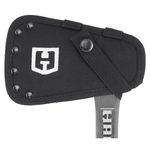 Black nylon HART hatchet sheath showing logo patch and snap strap over the hatchet handle