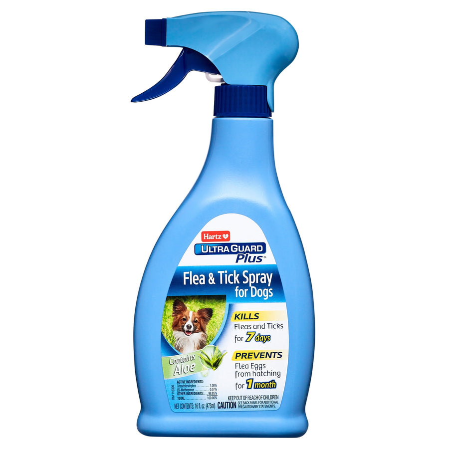 Blue Hartz UltraGuard Plus flea and tick spray bottle for dogs with trigger sprayer and labeled front panel