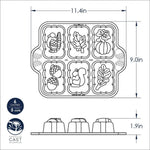 Technical line drawing of Nordic Ware harvest mini loaf pan with dimensions and side profile of cavity depth
