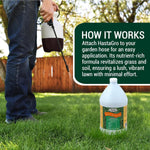 Person holding a garden sprayer with a Medina Hasta Gro gallon bottle on lawn and a 'How it works' instructional panel