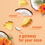 Graphic composition of pineapple and coconut pieces with text calling the fragrance a getaway for your nose
