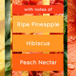Graphic panel listing fragrance notes – ripe pineapple, hibiscus, peach nectar – over a tropical floral background.