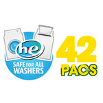 Graphic badge showing HE safe washer icons with large yellow text reading 42 PACS indicating pack count