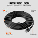 Coiled black heating cable diagram labeling 12ft heating cable, 6ft power cord, waterproof endcap and ground plug