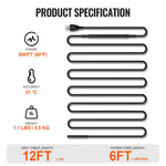 Product specification graphic showing coiled serpentine heating cable, power 5W/ft, accuracy ±1°C, weight and lengths
