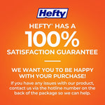 Orange panel with Hefty logo and a bold 100% satisfaction guarantee message and support instructions