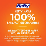 Orange graphic with Hefty logo and large text stating a 100% satisfaction guarantee and customer contact instructions