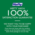 Green panel with Hefty logo and text stating a 100% satisfaction guarantee message