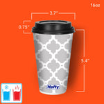Hefty gray lattice-pattern 16 oz disposable cup with black lid shown against orange background with dimensions
