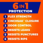 Orange infographic listing Hefty 6-in-1 protection features like flex strength, cinchsak closure and odor control
