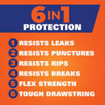 Orange infographic panel listing Hefty 6-in-1 protection features like resists leaks, punctures, rips and drawstring