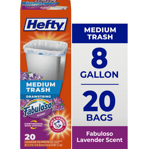 Hefty branded box showing an 8-gallon medium trash bag package with Fabuloso lavender scent branding