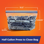 Hefty half gallon press-to-close bag filled with blueberries with dimensions annotated on an orange background.