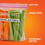 Close-up of a Hefty clear bag holding carrot sticks and celery with callouts for easy grip, double zipper and expandable bottom