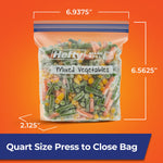 Hefty quart bag of frozen mixed vegetables with printed dimensions and expandable bottom measurements on orange