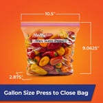 Hefty press-to-close bag of mini sweet peppers with dimensions called out on an orange background