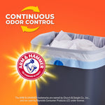 Close-up of trash can rim with Hefty bag drawstring, Arm & Hammer seal and continuous odor control messaging