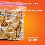 Close-up of a clear Hefty storage bag with chips highlighting easy grip, double zipper, and expandable bottom callouts