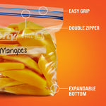 Close-up of Hefty bag top showing double zipper, easy grip and expandable bottom callouts