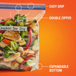 Close-up of a Hefty press-to-close bag filled with stir-fry, highlighting easy grip, double zipper and expandable bottom.